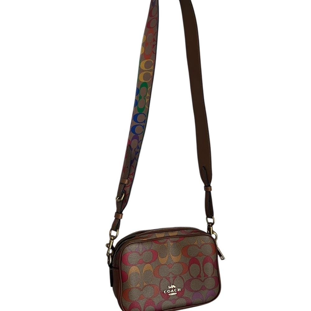 Coach Signature Brown Crossbody with Rainbow Strap
